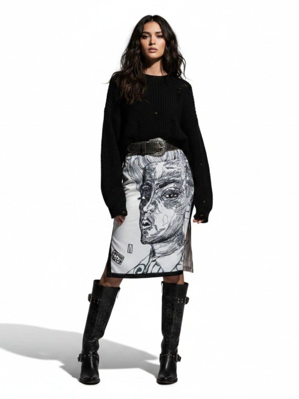 High Waisted Black White Self Reflection Split Midi Skirt Medium NWT